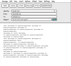 KMail composer wireframe with lock and validity badge buttons next to the subject line