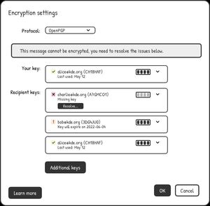 Encryption settings wireframe: OpenPGP protocol, a warning that the message cannot be encrypted, and per-key rows showing valid, missing, and expiring recipient keys