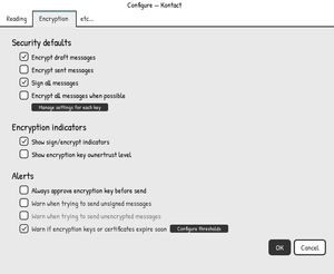 Kontact encryption settings wireframe: Security defaults such as encrypt draft messages and sign all messages, encryption indicators, and alert checkboxes