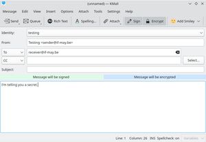 KMail composer with Sign and Encrypt toolbar buttons and two status bars reading Message will be signed and Message will be encrypted