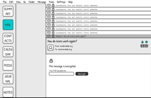 KMail reading view wireframe: an encrypted message with lock and validity icons next to the subject, and a PGP passphrase prompt with a Decrypt button