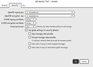 Kontact Edit Identity dialog, Security tab: OpenPGP signing and encryption keys, S/MIME certificates, preferred format, and per-identity security defaults