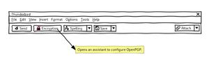 Thunderbird composer mockup with an Encryption button next to Send, annotated: opens an assistant to configure OpenPGP