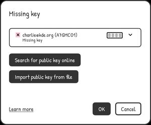 Missing key dialog for a recipient, with buttons to search for a public key online or import one from a file