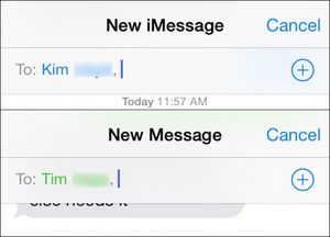 Two iOS compose screens: New iMessage with the recipient name in blue, and New Message with the recipient name in green